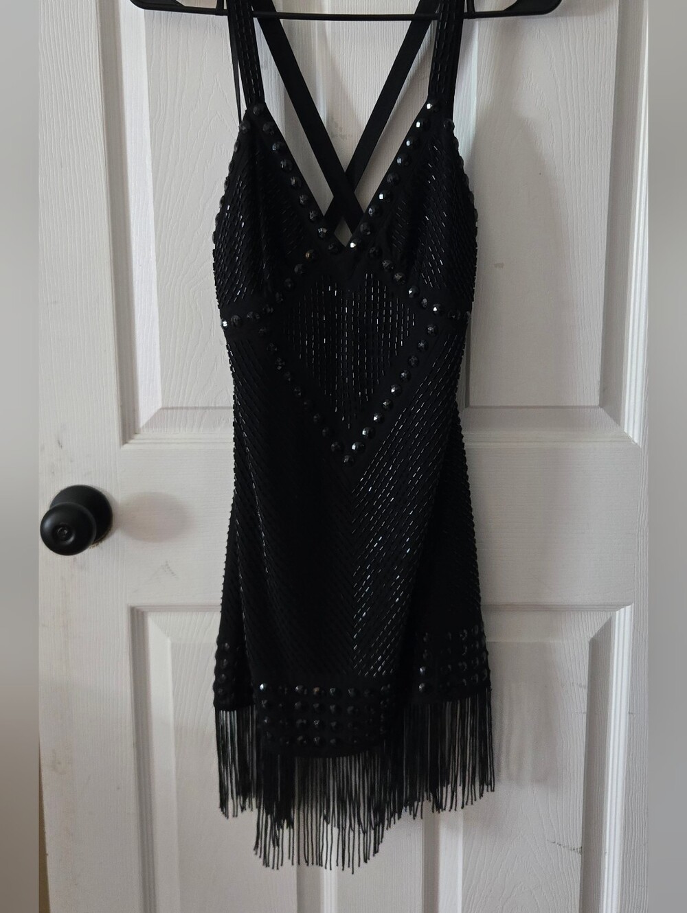 EXPRESS Black Beaded Sequin Fringe Flapper Mini Dress – Size XS